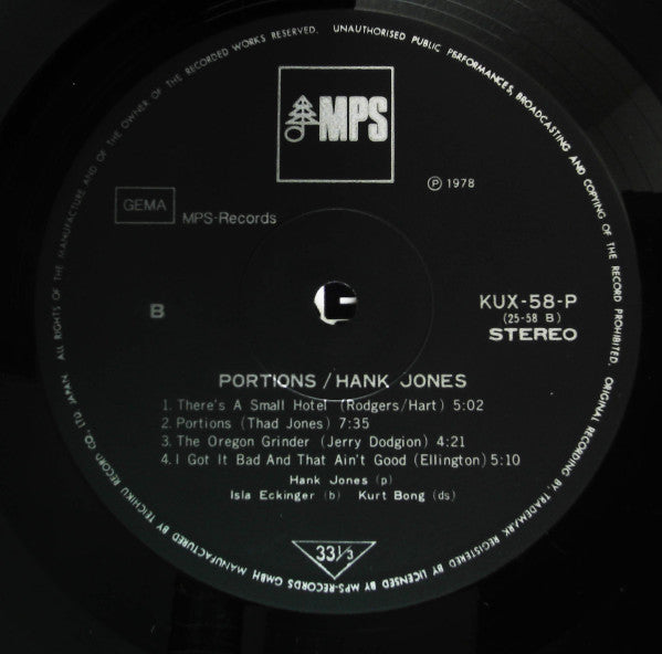 Hank Jones Trio - Portions (Vinyl, LP, Album) Very Good Plus (VG+) / Very Good Plus (VG+)