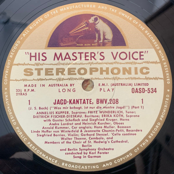 Dietrich Fischer-Dieskau - "Hunting" Cantata • "Canary" Cantata (Vinyl, LP, Album, Stereo) Very Good Plus (VG+) / Very Good Plus (VG+)