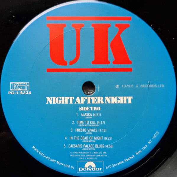 UK (3) - Night After Night (Vinyl, LP, Album) Very Good Plus (VG+) / Very Good (VG)