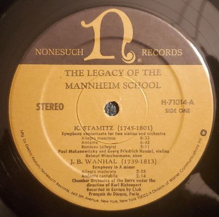 Carl Stamitz - The Legacy Of The Mannheim School (Vinyl, LP, Album, Repress, Stereo) Very Good (VG) / Good Plus (G+)