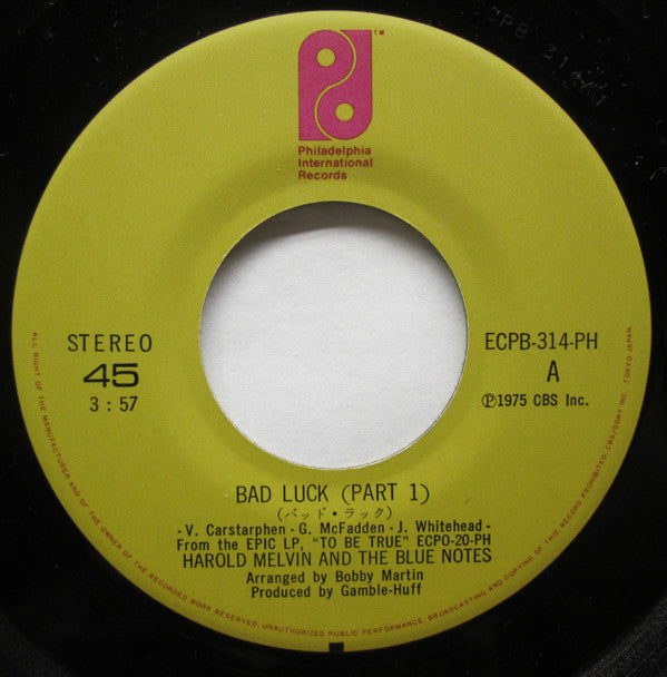 Harold Melvin And The Blue Notes - バッド・ラック = Bad Luck (Part 1) (Vinyl, 7", 45 RPM, Single) Very Good (VG) / Good Plus (G+)