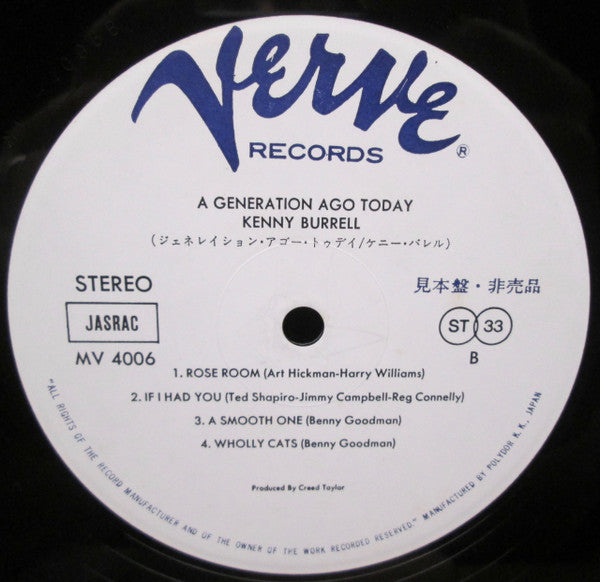 Kenny Burrell - A Generation Ago Today (Vinyl, LP, Album, Promo, Reissue, Stereo) Very Good Plus (VG+) / Very Good Plus (VG+)