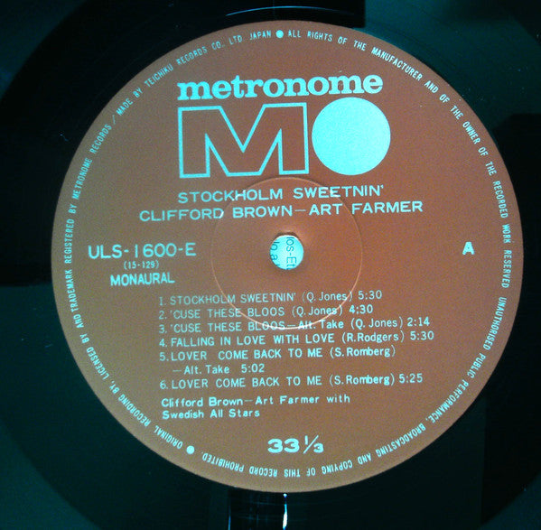 Clifford Brown - Stockholm Sweetnin' (Vinyl, LP, Compilation, Reissue, Mono) Very Good (VG) / Very Good Plus (VG+)