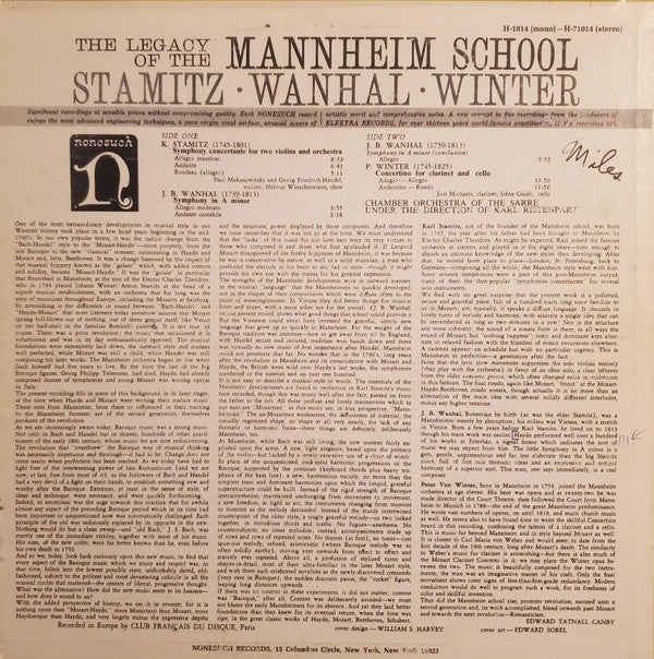 Carl Stamitz - The Legacy Of The Mannheim School (Vinyl, LP, Album, Repress, Stereo) Very Good (VG) / Good Plus (G+)