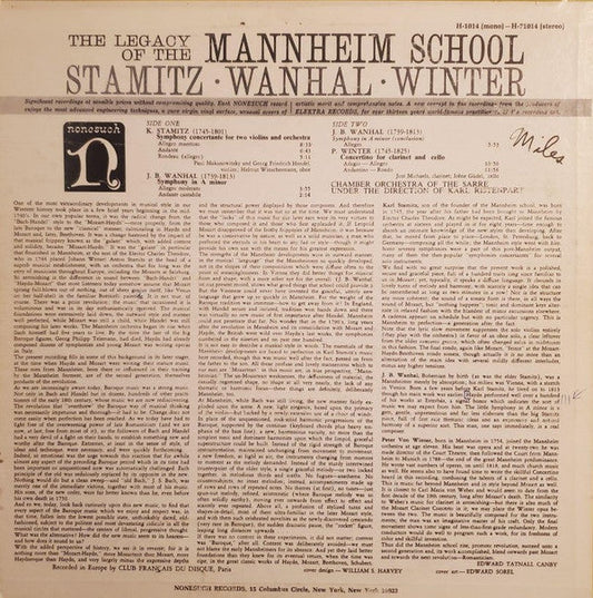 Carl Stamitz - The Legacy Of The Mannheim School (Vinyl, LP, Album, Repress, Stereo) Very Good (VG) / Good Plus (G+)