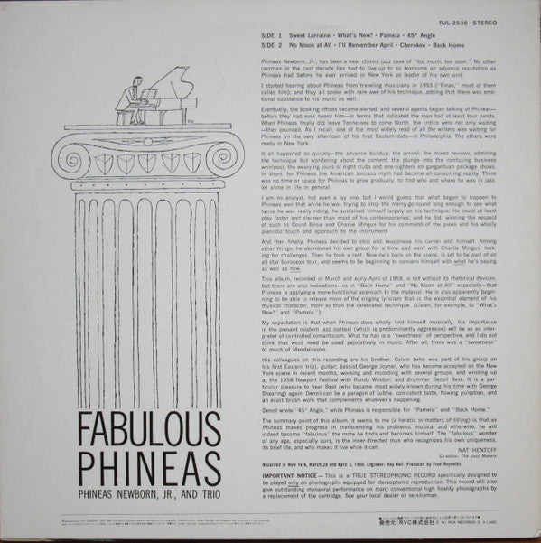 Phineas Newborn Trio - Fabulous Phineas (Vinyl, LP, Album, Reissue, Stereo) Near Mint (NM or M-) / Very Good Plus (VG+)