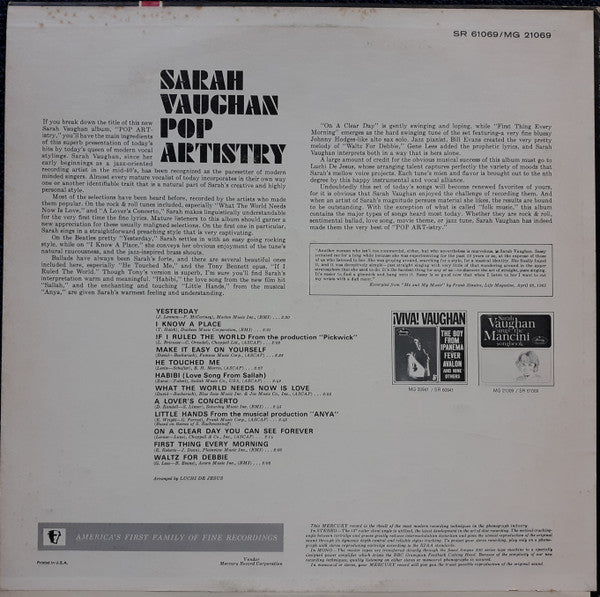 Sarah Vaughan - Pop Artistry (Vinyl, LP, Album, Stereo) Very Good (VG) / Good Plus (G+)