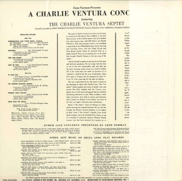 Gene Norman - Gene Norman Presents A Charlie Ventura Concert (Vinyl, LP, Album, Reissue, Mono) Very Good Plus (VG+) / Very Good Plus (VG+)