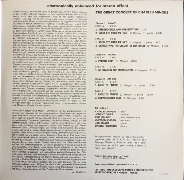 Charles Mingus - The Great Concert Of Charles Mingus (3xVinyl, LP, Album, Stereo) Near Mint (NM or M-) / Very Good Plus (VG+)