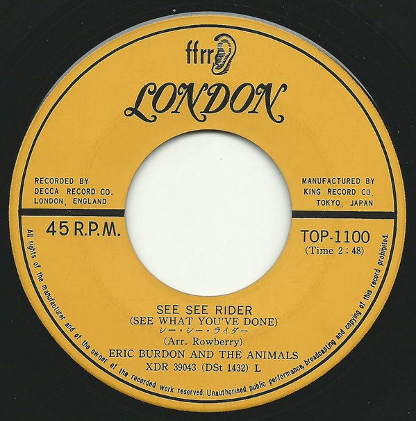 Eric Burdon & The Animals - See See Rider (Vinyl, 7", 45 RPM, Single) Very Good Plus (VG+) / Very Good (VG)