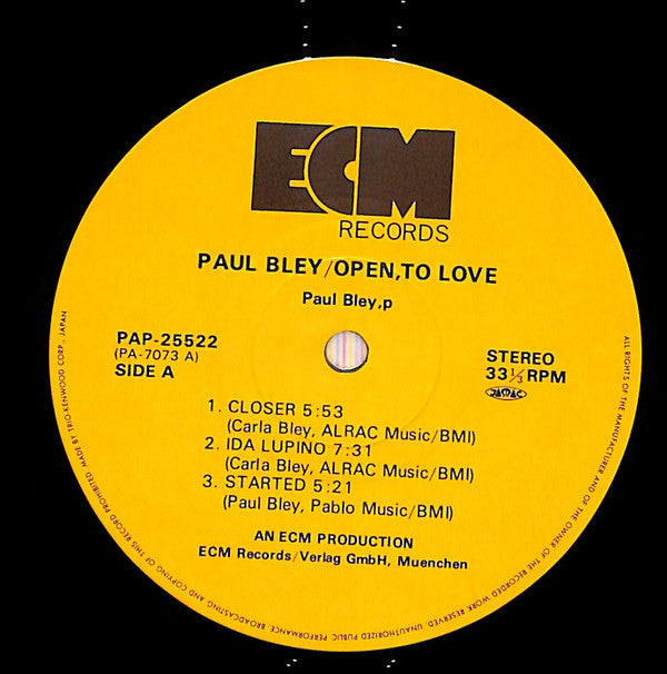 Paul Bley - Open, To Love (Vinyl, LP, Album) Near Mint (NM or M-) / Very Good Plus (VG+)