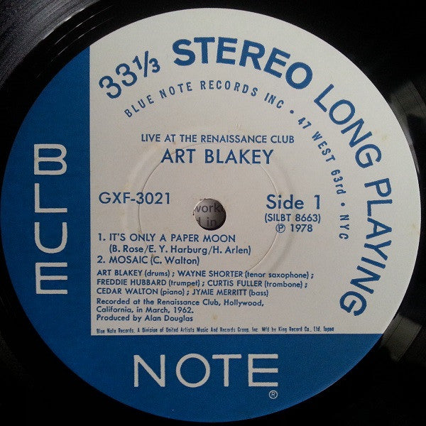 Art Blakey - Live At The Renaissance Club (Vinyl, LP, Album, Limited Edition, Stereo) Near Mint (NM or M-) / Very Good Plus (VG+)