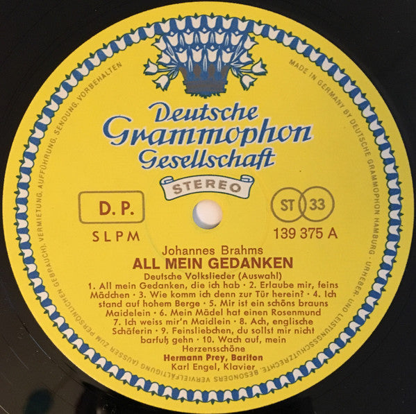 Johannes Brahms - All Mein Gedanken (Deutsche Volkslieder Von Johannes Brahms) (Vinyl, LP, Album, Stereo) Very Good Plus (VG+) / Very Good Plus (VG+)