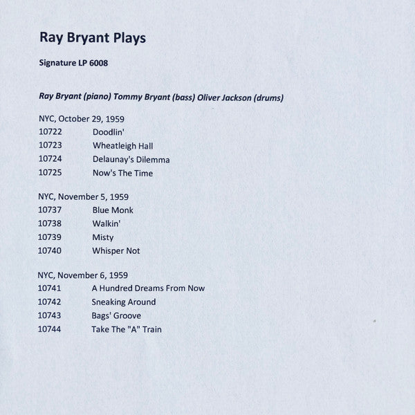 Ray Bryant - Ray Bryant Plays (Vinyl, LP, Album) Very Good (VG) / Good Plus (G+)