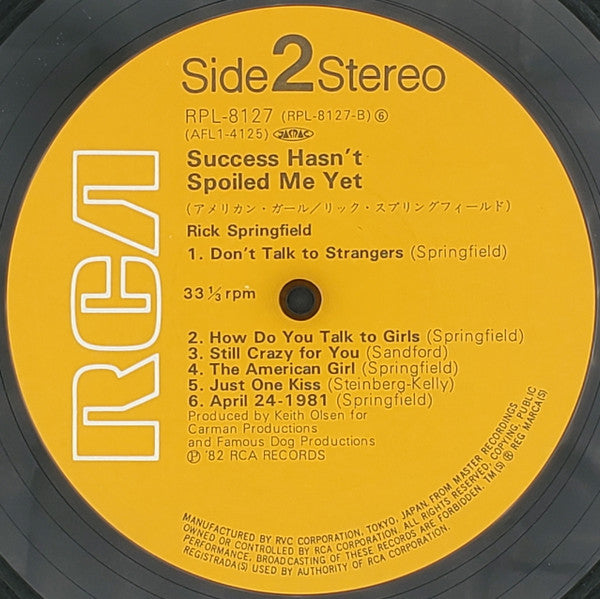 Rick Springfield - Success Hasn't Spoiled Me Yet (Vinyl, LP, Album) Very Good Plus (VG+) / Very Good Plus (VG+)