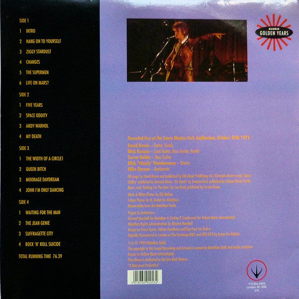 David Bowie - Santa Monica '72 (2xVinyl, LP, Album, Partially Unofficial, Remastered, Stereo) Very Good (VG) / Very Good Plus (VG+)