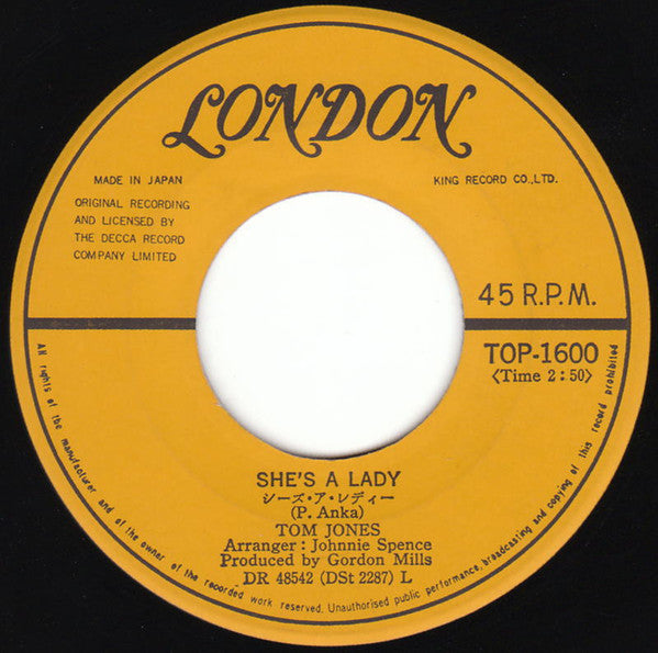Tom Jones - She's A Lady / My Way (Vinyl, 7", Single, Mono) Very Good (VG) / Very Good (VG)