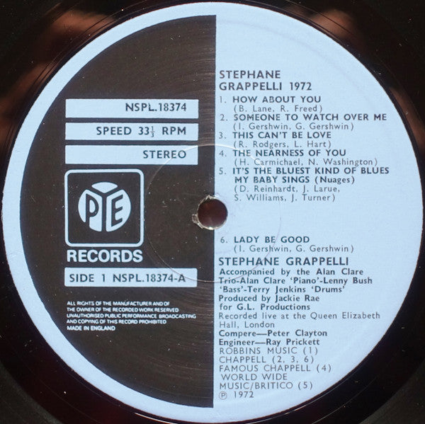 Stéphane Grappelli - Stéphane Grappelli 1972 (Recorded Live At The Queen Elizabeth Hall London) (Vinyl, LP, Album, Stereo) Very Good Plus (VG+) / Very Good Plus (VG+)