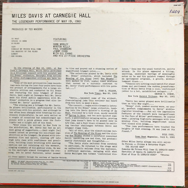 Miles Davis - Miles Davis At Carnegie Hall (Vinyl, LP, Album, Reissue, Mono) Very Good Plus (VG+) / Very Good (VG)