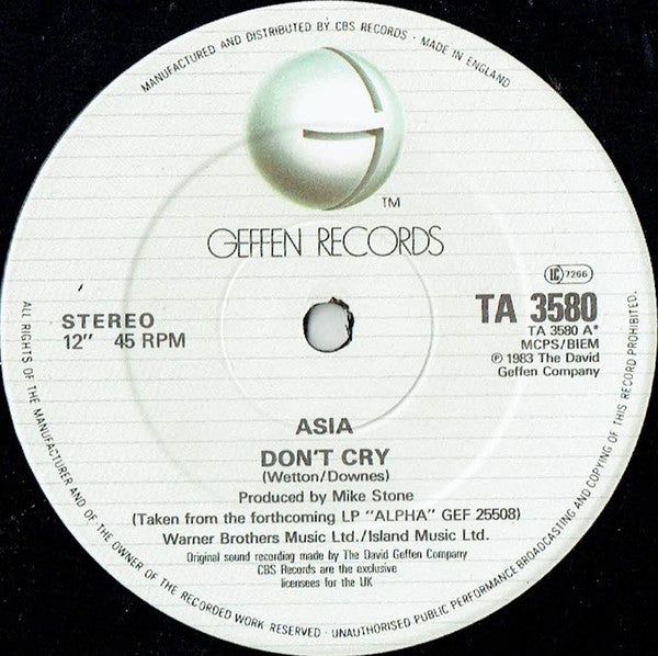 Asia (2) - Don't Cry (Vinyl, 12", 45 RPM) Very Good Plus (VG+) / Very Good (VG)