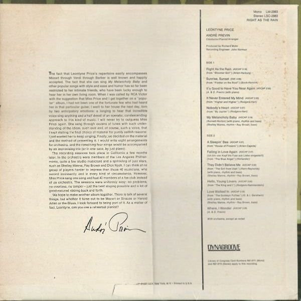 Leontyne Price - Right As The Rain (Vinyl, LP, Album, Stereo) Very Good Plus (VG+) / Very Good Plus (VG+)