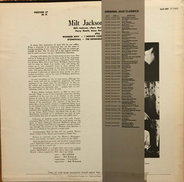 Milt Jackson - Milt Jackson Quartet (Vinyl, LP, Album, Reissue, Mono) Very Good (VG) / Very Good (VG)