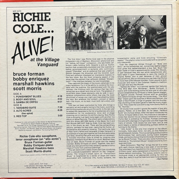 Richie Cole - Alive! At The Village Vanguard (Vinyl, LP, Album) Good Plus (G+) / Good Plus (G+)
