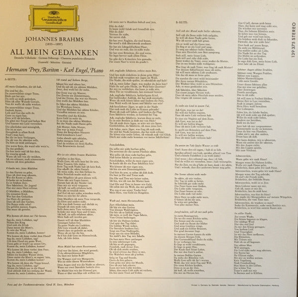 Johannes Brahms - All Mein Gedanken (Deutsche Volkslieder Von Johannes Brahms) (Vinyl, LP, Album, Stereo) Very Good Plus (VG+) / Very Good Plus (VG+)