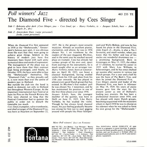 The Diamond Five - Bohemia After Dark (Vinyl, 7", EP, Remastered, Reissue, Limited Edition, Mono) Very Good Plus (VG+) / Near Mint (NM or M-)