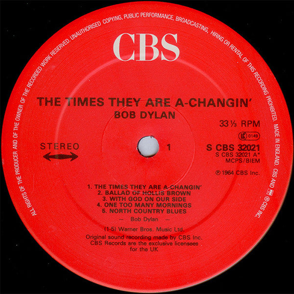 Bob Dylan - The Times They Are A-Changin' (Vinyl, LP, Album, Stereo, Reissue) Near Mint (NM or M-) / Very Good Plus (VG+)