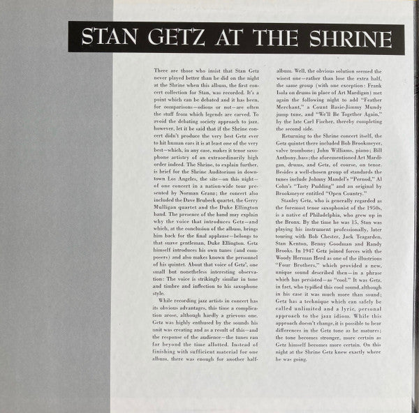 Stan Getz - At The Shrine (2xVinyl, LP, Album, Reissue, Mono) Very Good Plus (VG+) / Very Good Plus (VG+)