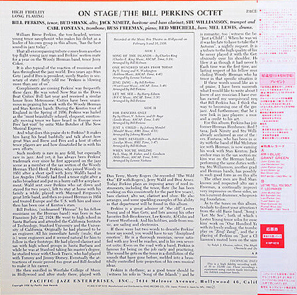 Bill Perkins Octet - On Stage (Vinyl, LP, Album, Mono) Very Good Plus (VG+) / Good Plus (G+)