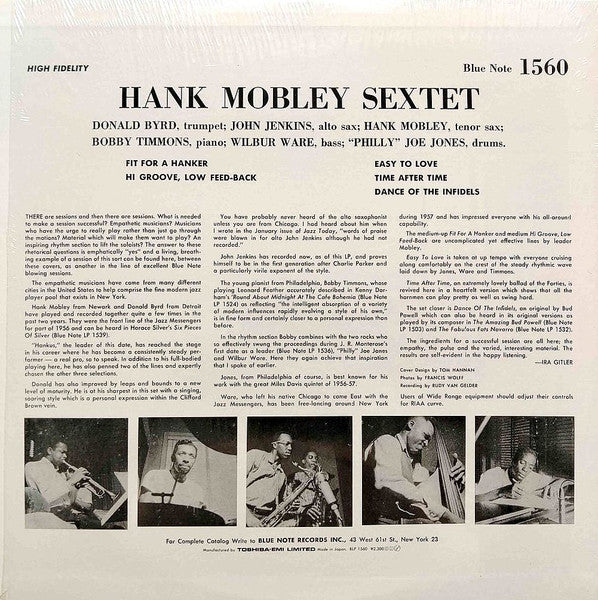 Hank Mobley Sextet - Hank (Vinyl, LP, Album, Reissue, Repress, Mono) Near Mint (NM or M-) / Very Good Plus (VG+)