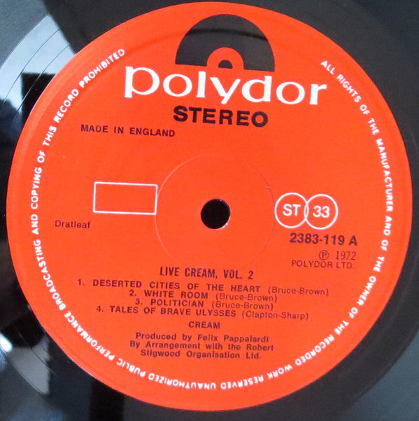Cream (2) - Live Cream Volume II (Vinyl, LP, Album, Stereo) Good Plus (G+) / Good Plus (G+)