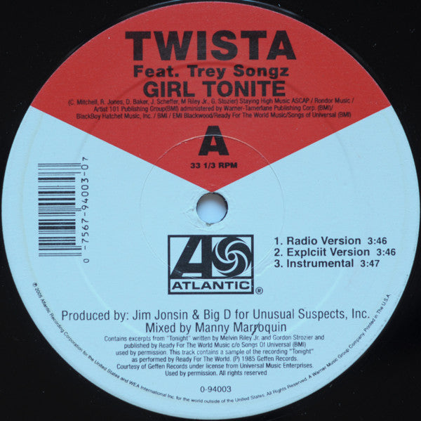 Twista - Girl Tonite (Vinyl, 12", 33 ⅓ RPM) Very Good Plus (VG+) / Very Good Plus (VG+)