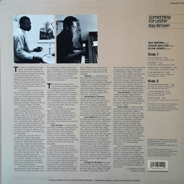 Ray Brown - Something For Lester (Vinyl, LP, Album, Reissue, Remastered) Very Good (VG) / Very Good Plus (VG+)