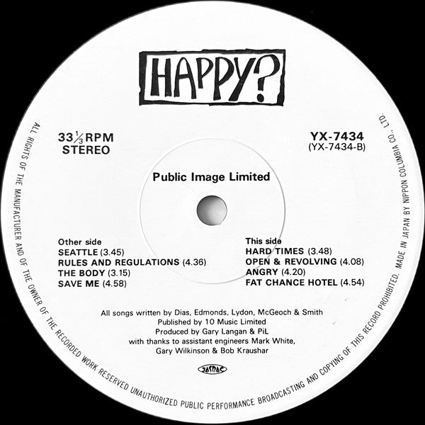Public Image Limited - Happy? (Vinyl, LP, Album) Near Mint (NM or M-) / Very Good Plus (VG+)