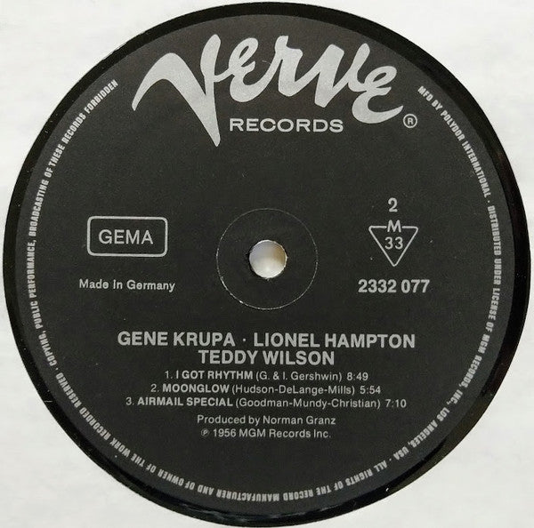 Gene Krupa - Gene Krupa • Lionel Hampton • Teddy Wilson (Vinyl, LP, Album, Reissue) Very Good Plus (VG+) / Very Good Plus (VG+)