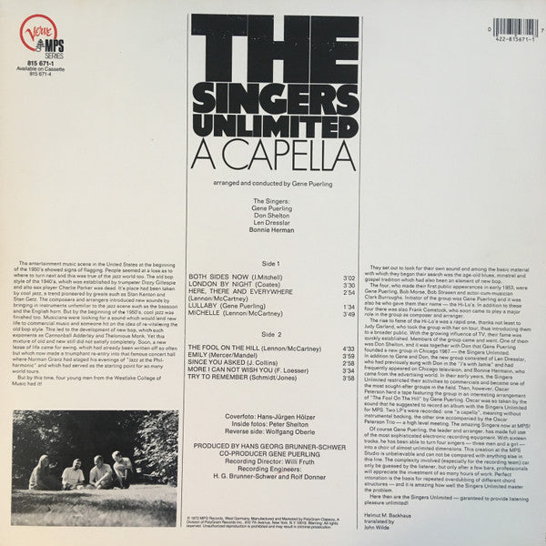 The Singers Unlimited - A Capella (Vinyl, LP, Album, Reissue) Very Good Plus (VG+) / Very Good Plus (VG+)