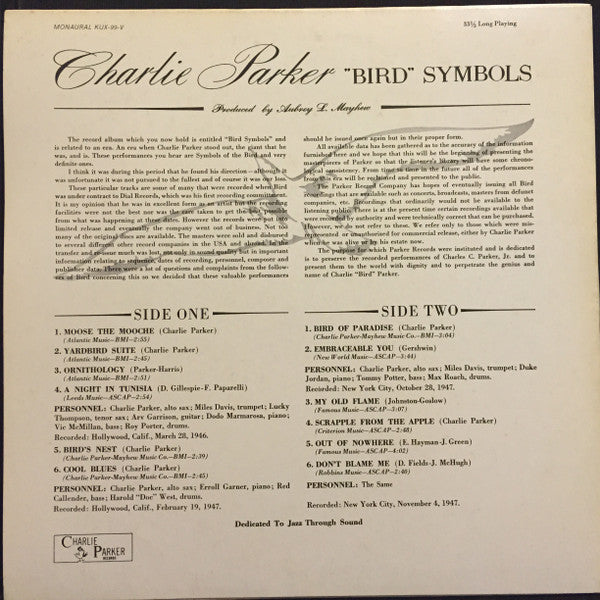 Charlie Parker - "Bird" Symbols (Vinyl, LP, Reissue, Mono) Very Good Plus (VG+) / Very Good Plus (VG+)