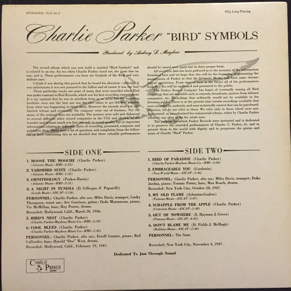 Charlie Parker - "Bird" Symbols (Vinyl, LP, Reissue, Mono)