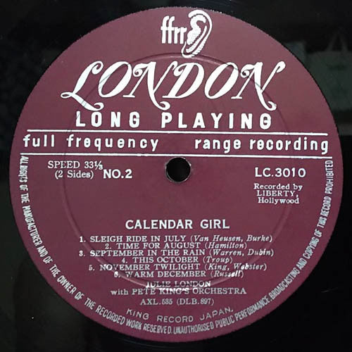 Julie London - Calendar Girl (Vinyl, LP, Album, Mono) Very Good (VG) / Very Good Plus (VG+)