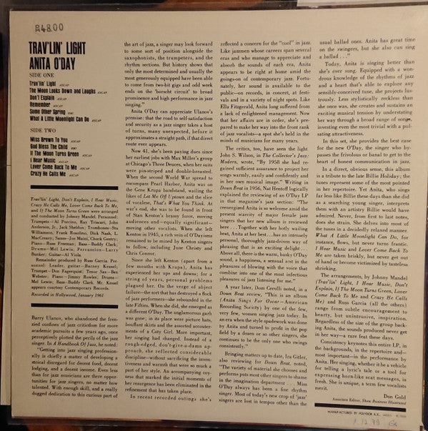 Anita O'Day - Trav'lin' Light (Vinyl, LP, Album, Repress, Stereo) Very Good (VG) / Good Plus (G+)