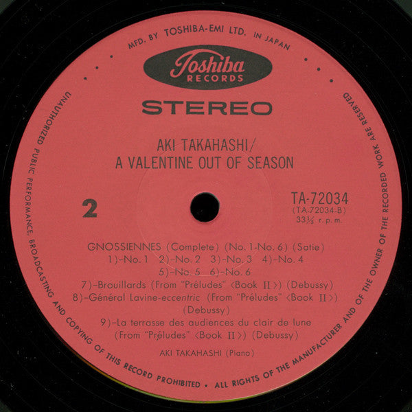 Aki Takahashi - A Valentine Out Of Season (Vinyl, LP, Album) Near Mint (NM or M-) / Very Good Plus (VG+)