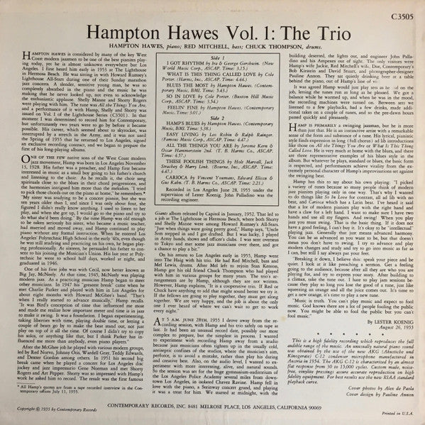 Hampton Hawes Trio - Hampton Hawes Trio, Vol. 1 (Vinyl, LP, Album, Reissue, Mono) Very Good (VG) / Very Good Plus (VG+)