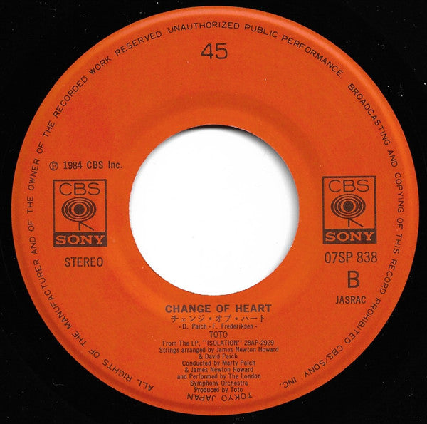 Toto - Stranger In Town (Vinyl, 7", 45 RPM, Single, Stereo) Very Good Plus (VG+) / Very Good Plus (VG+)