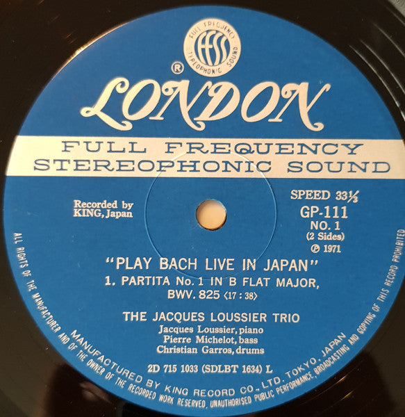 Jacques Loussier Trio - Play Bach Live In Japan (Vinyl, LP, Album) Very Good (VG) / Very Good (VG)