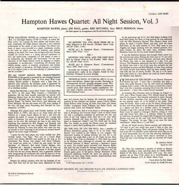Hampton Hawes Quartet - All Night Session, Vol. 3 (Vinyl, LP, Album, Limited Edition, Reissue, Stereo) Very Good Plus (VG+) / Very Good (VG)