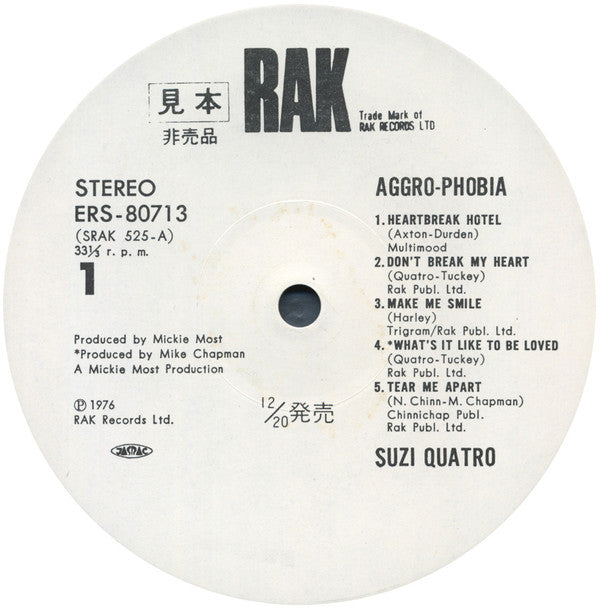 Suzi Quatro - Aggro-Phobia (Vinyl, LP, Album, Promo) Very Good Plus (VG+) / Very Good (VG)