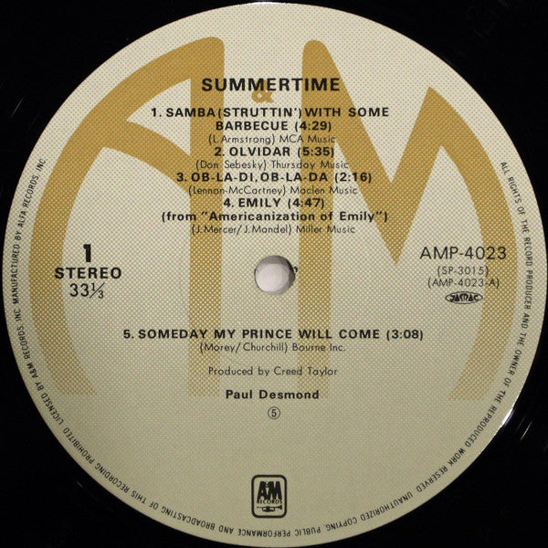 Paul Desmond - Summertime (Vinyl, LP, Album, Reissue) Very Good Plus (VG+) / Very Good (VG)